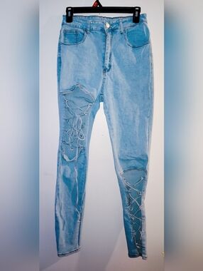 SHEIN Light Blue Lace-Up Skinny Jeans